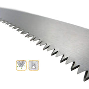 The robust folding saw handle with non-slip rubber grip.