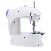 XcelCraft mini sewing machine performing a straight-line stitch on fabric.
