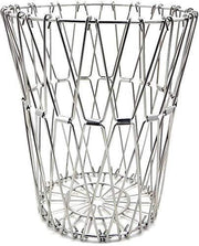 Compact foldable fruit basket in stainless steel, shown in its collapsed form for easy storage.