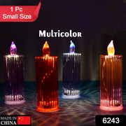 Close-up of the vibrant multicolor glitter swirling inside the LED Crystal Candle.