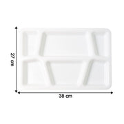 Lightweight plastic meal tray with six compartments for separate servings of food.