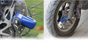 A split image shows a blue wheel security device on a bicycle disc brake on the left and on a scooter wheel on the right.