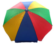 Another angle of the blue and white outdoor umbrella, emphasizing its broad coverage.