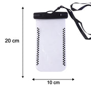 Size diagram indicating dimensions of waterproof mobile pouch