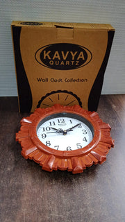 Aesthetic wooden look round wall clock elegantly displayed in a contemporary room setting.