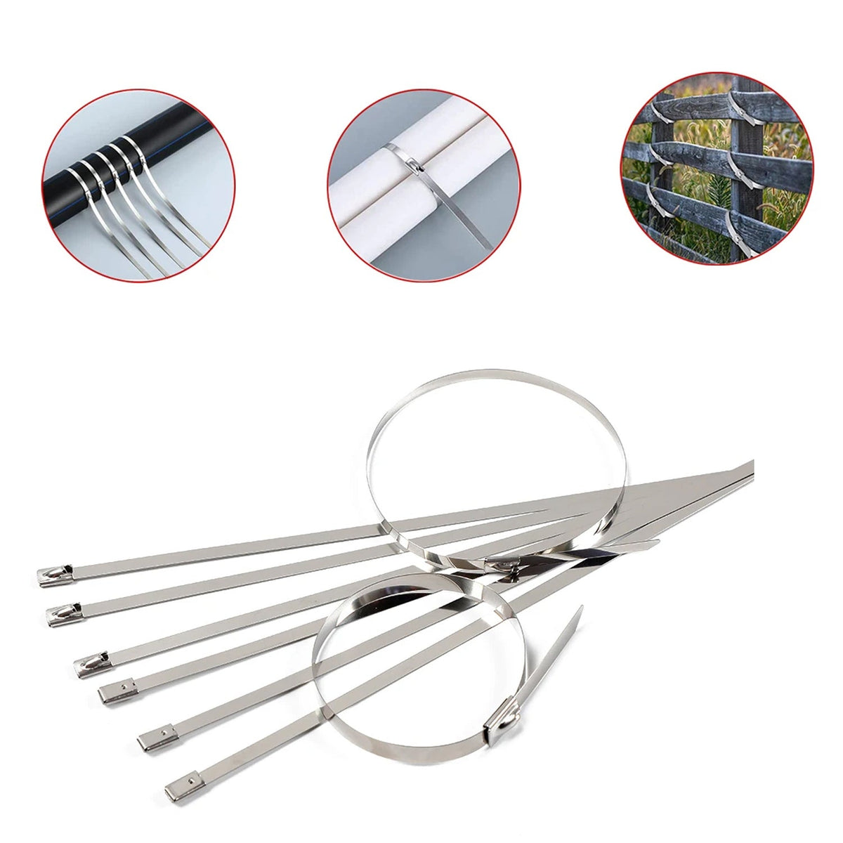 Heavy-duty stainless steel cable tie used for securing solar panel wiring on a rooftop.