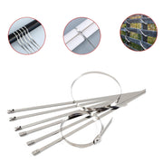 Heavy-duty stainless steel cable tie used for securing solar panel wiring on a rooftop.