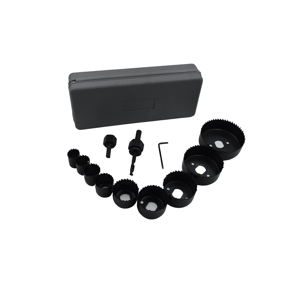 All components of the 12-piece hole saw kit neatly arranged for easy access.