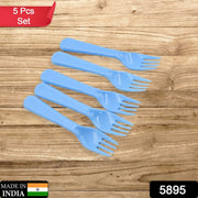 The 5-piece set of durable reusable plastic forks, ideal for kitchen, travel, and party use.