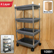 Side view of this multi-tier rolling storage cart in plastic and stainless steel.