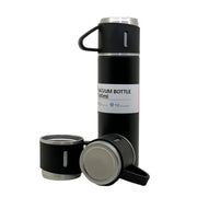 The complete 500ml hot cold drink bottle set with three steel cups on a clean background.