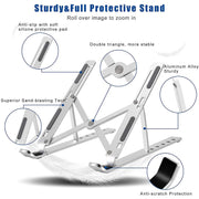 Side view of the adjustable laptop stand holding a notebook, demonstrating elevated screen height.