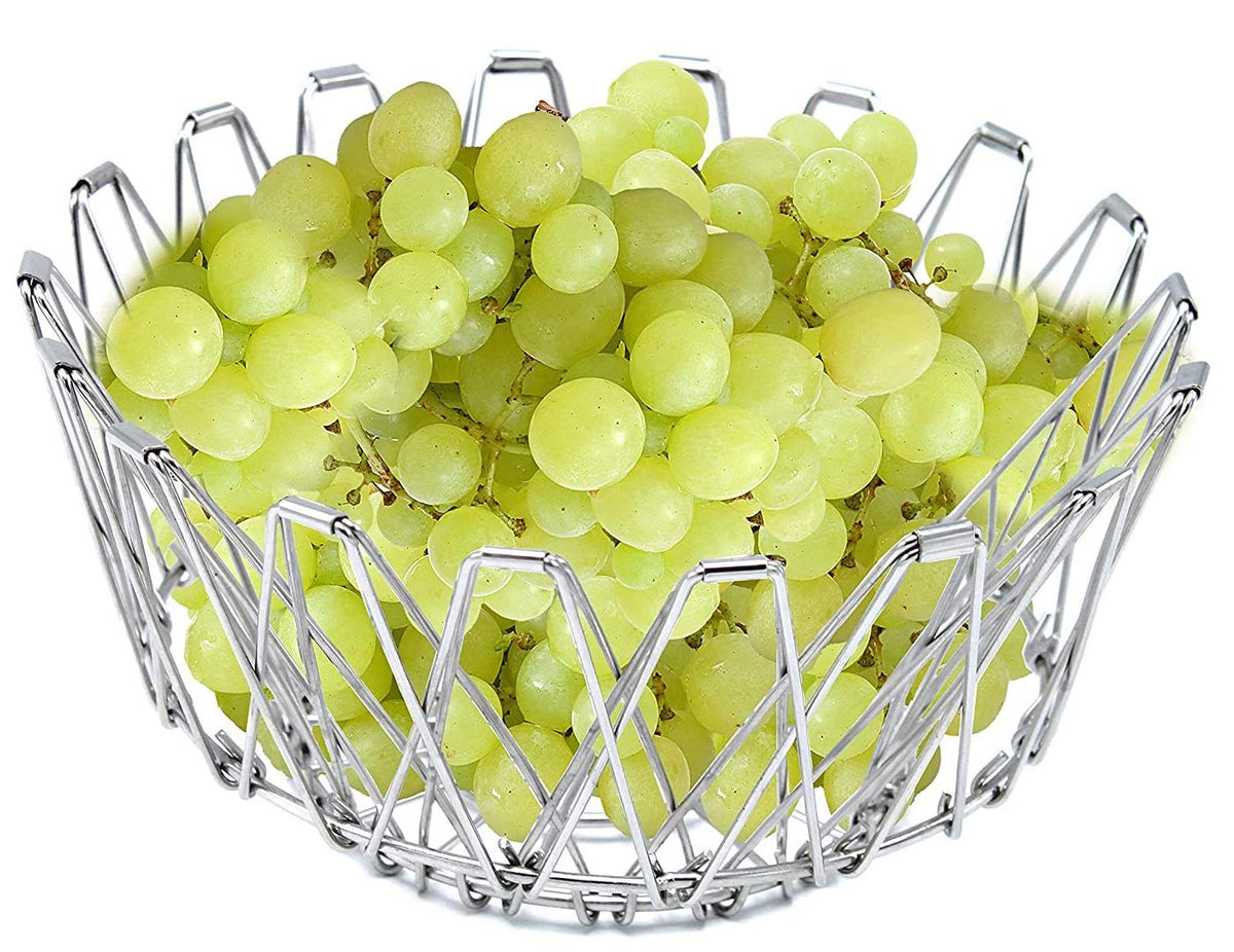 The foldable fruit basket shown in an open, wide configuration for larger produce.