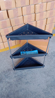 Compact plastic corner storage rack fitting in kitchen corner space