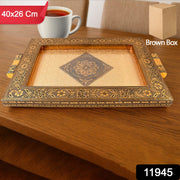 Close-up of golden floral and geometric engravings on Rajwadi serving tray