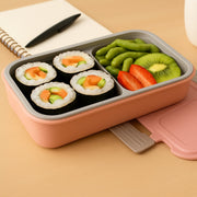 Open BPA-Free lunch box displaying two food compartments and cutlery slot