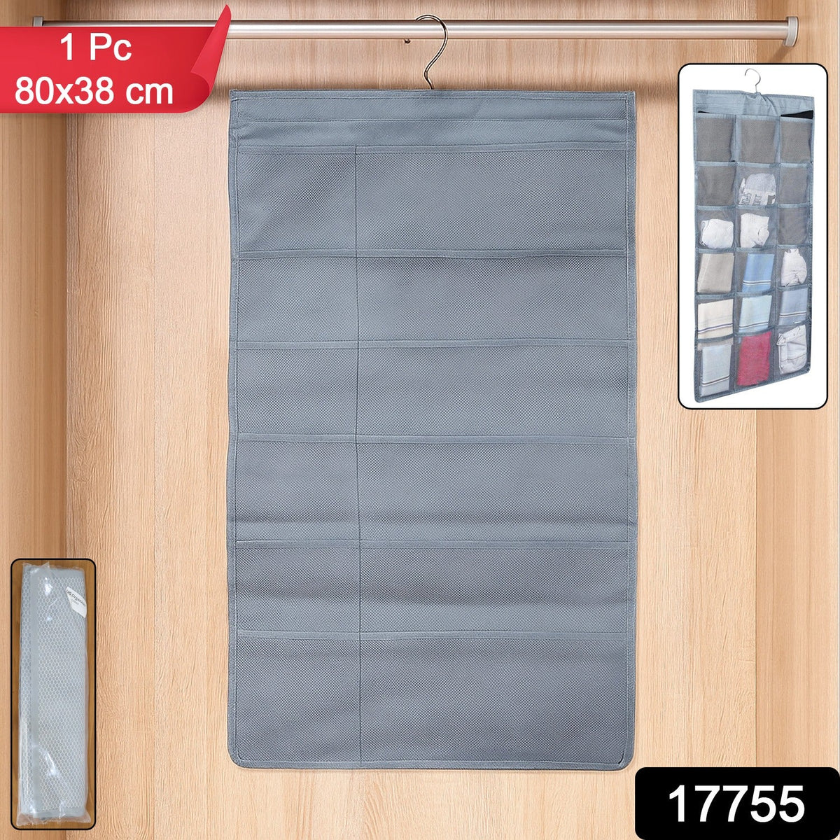 Open multi-pocket hanging under garment organizer inside a closet