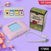 Child happily using the educational flash card learning machine.