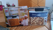 Stacked airtight plastic food storage containers with snap lids