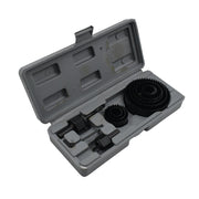 Detailed view of the 12-piece hole saw kit, ready for versatile drilling tasks.
