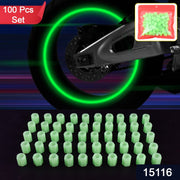 Close-up of luminous glow tyre valve caps showing textured grip and fluorescent effect