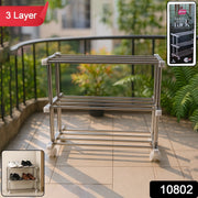 Compact 3-layer stainless steel shoe rack for multipurpose storage