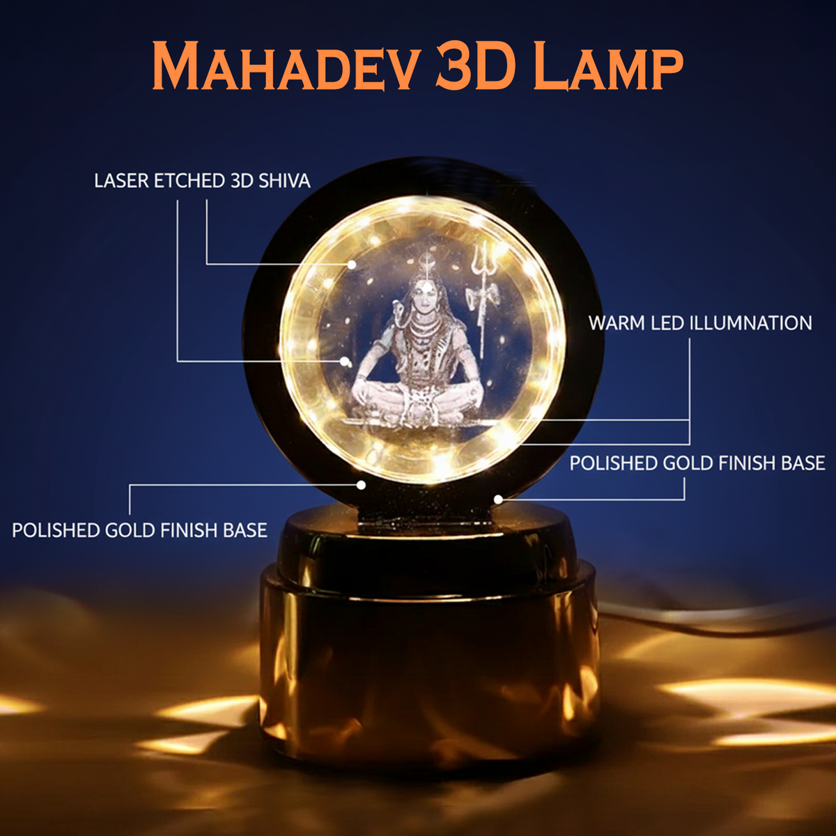 Front view of Mahadev 3D crystal ball night light with base