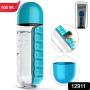 Close-up view of the open daily pill organizer compartments on the water bottle.