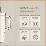 Angled view of insulated travel mug with spill-proof lid and handle