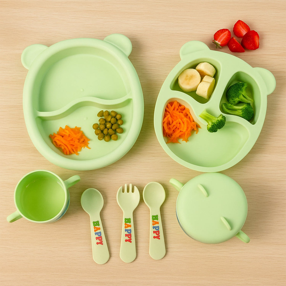 Unbreakable kids feeding dinner set designed for toddlers learning to self-feed