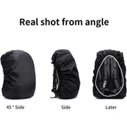 Three black rain covers on backpacks are shown from different angles: 45-degree side, side, and back with elastic edge