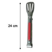 Durable kitchen tongs utensil with clear size reference for flipping and serving.