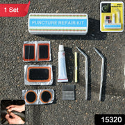 Portable bike tire puncture repair kit with visible SKU label in compact storage