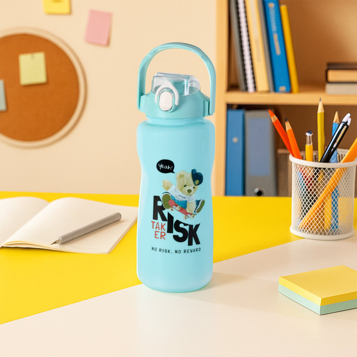 Risk Taker water bottle with flip-top lid designed for easy spill-proof drinking