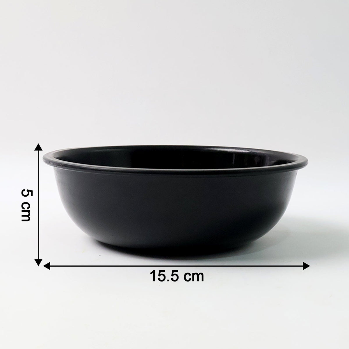 Black plastic serving bowl with dimension markings graphic