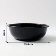 Black plastic serving bowl with dimension markings graphic