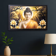 Lord Buddha wall painting with wooden frame showing serene Buddha meditation art