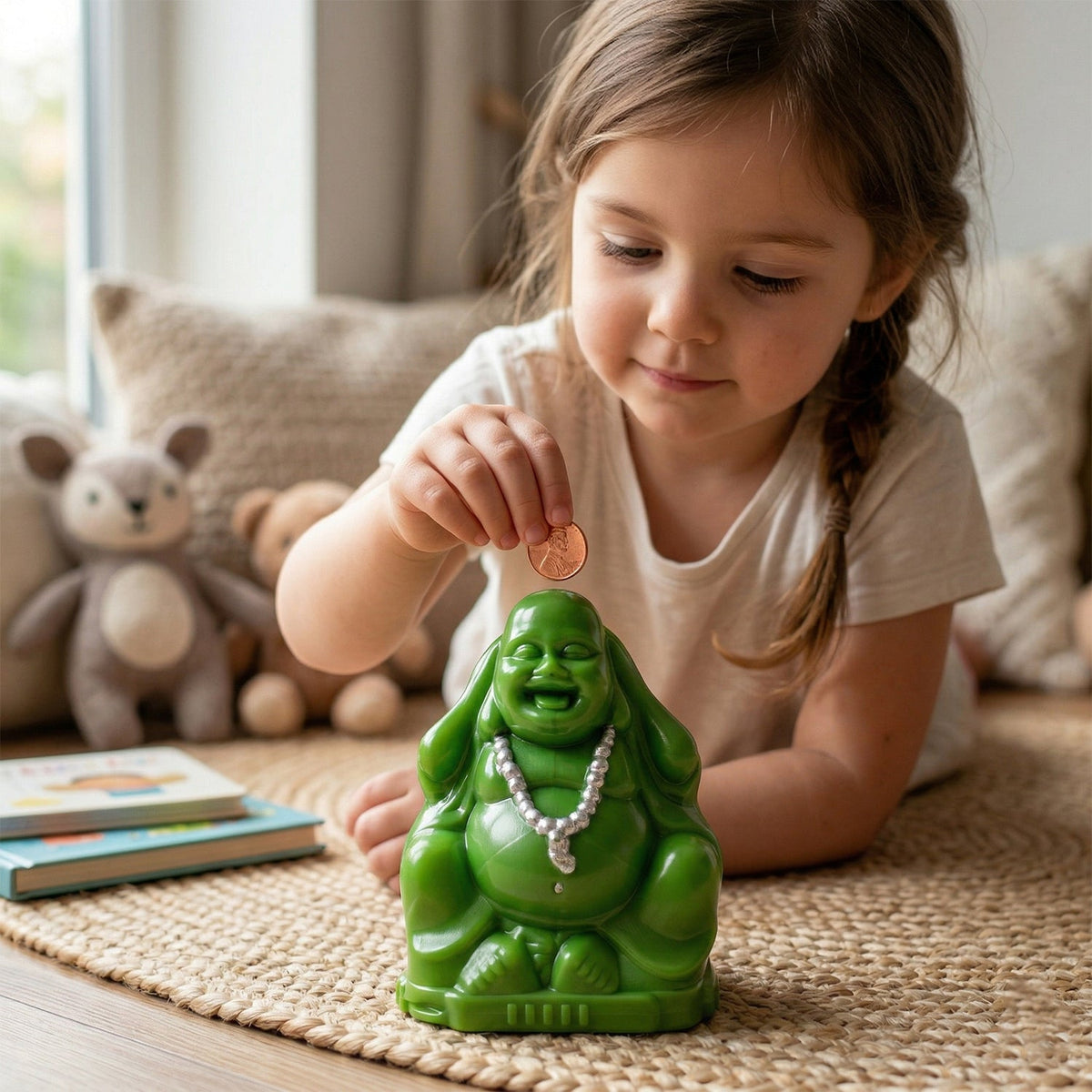 Spiritual coin storage box featuring Laughing Buddha idol