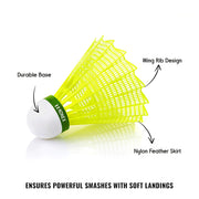 Side view of sturdy plastic shuttlecock designed for consistent badminton play