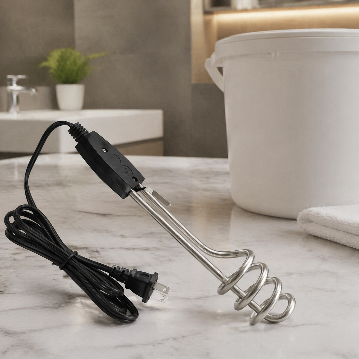 Portable electric immersion water heater with a comfortable handle.