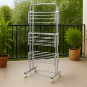 Heavy-duty stainless steel clothes drying rack with foldable design and caster wheels