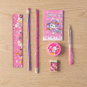 Packaging of the 7-in-1 pink kids stationery set