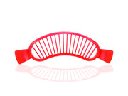 Food-grade plastic banana slicer with ergonomic handle for safe cutting.