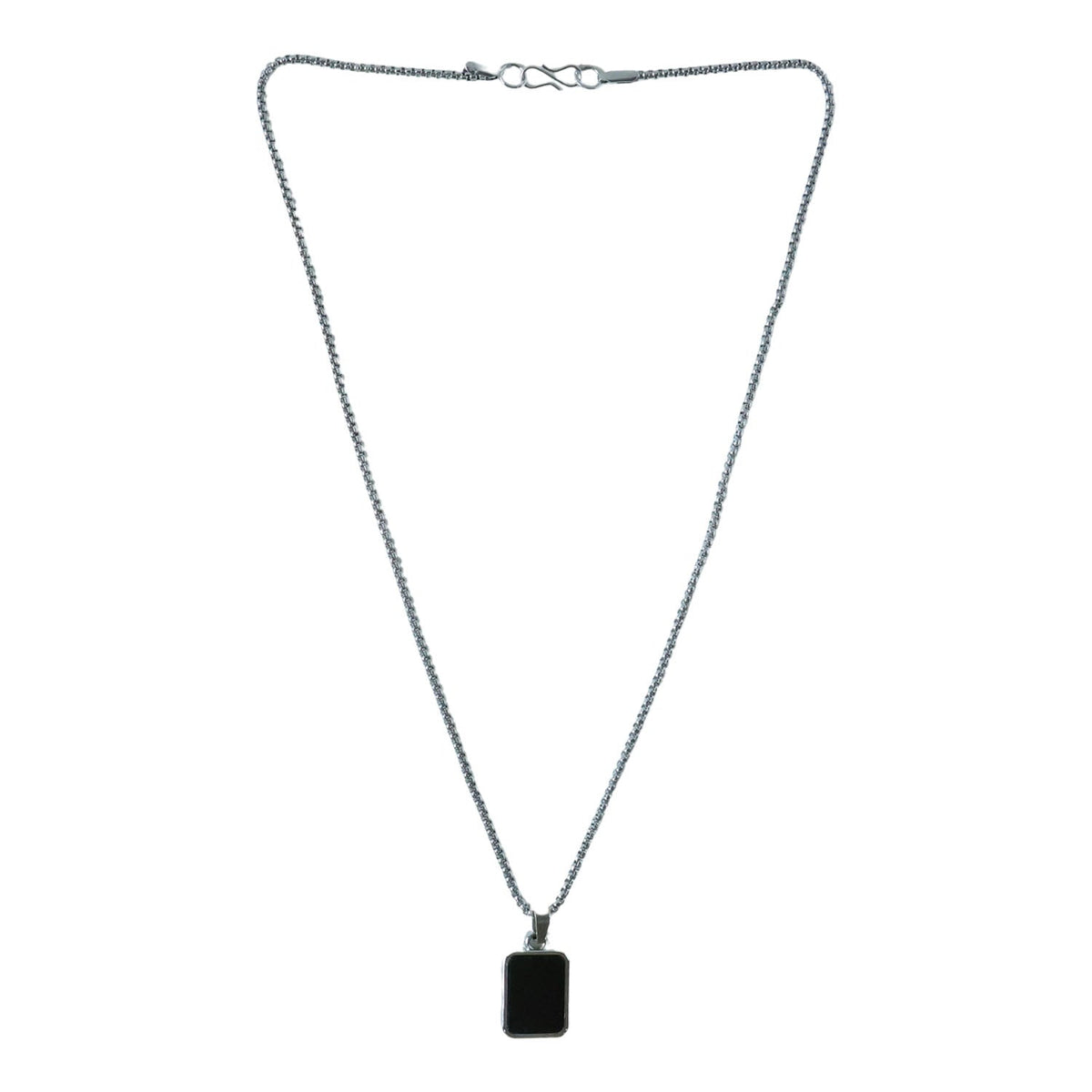 Close-up of men's stainless-steel box chain design on pendant necklace