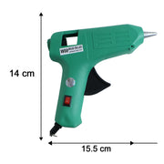 Diagram illustrating the compact dimensions of the 60 Watt hot melt glue gun, measuring 34x15x4 cm.