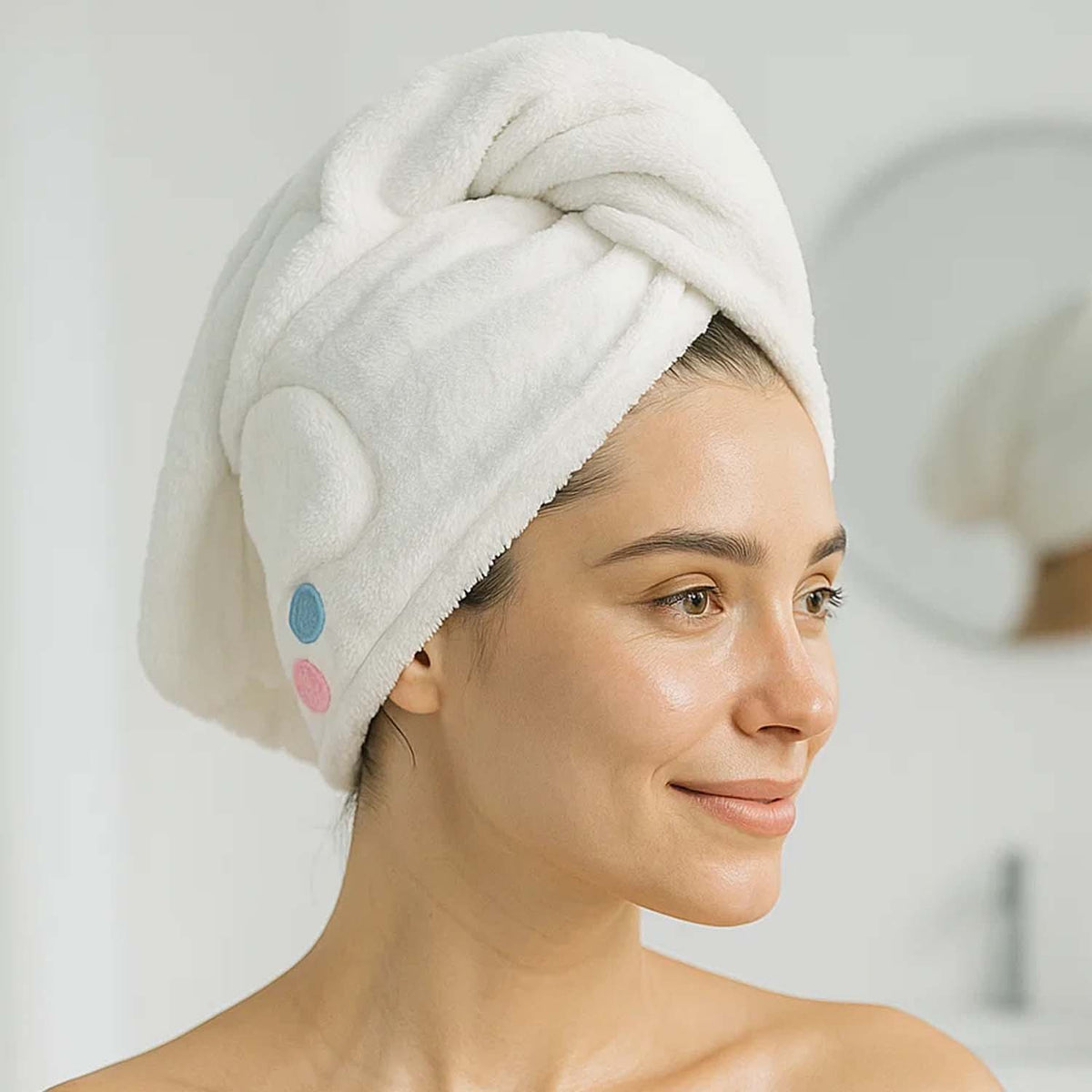 Hair drying towel cap in use, showing compact travel-friendly design