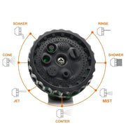 Dial showcasing multiple spray settings on garden hose spray nozzle