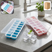 Plastic ice cube tray with lid designed for freezer use