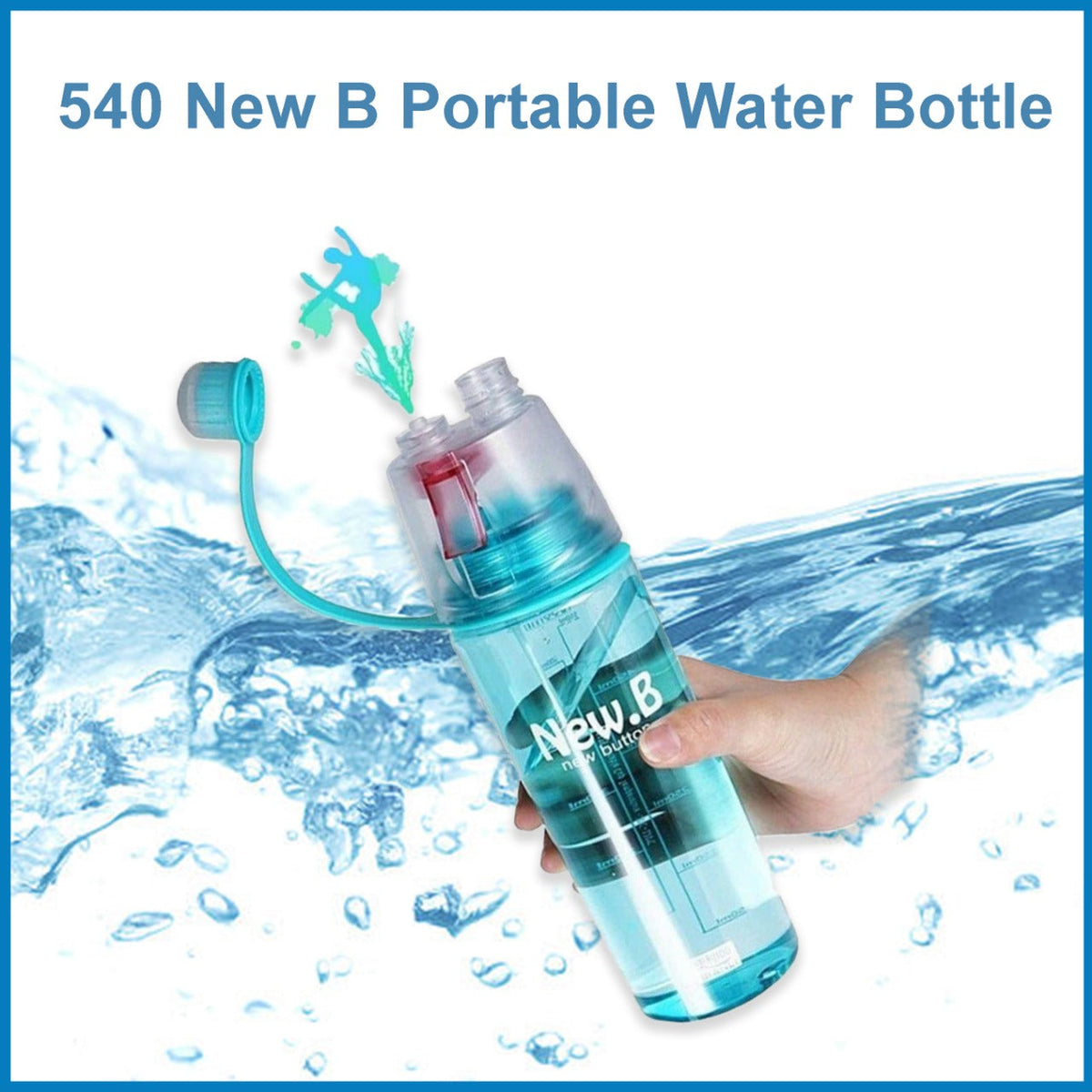 Person using the integrated face mist sprayer on the portable water bottle for quick refreshment.