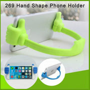 Blue hand shape phone holder from a side angle, ideal for desktop use.